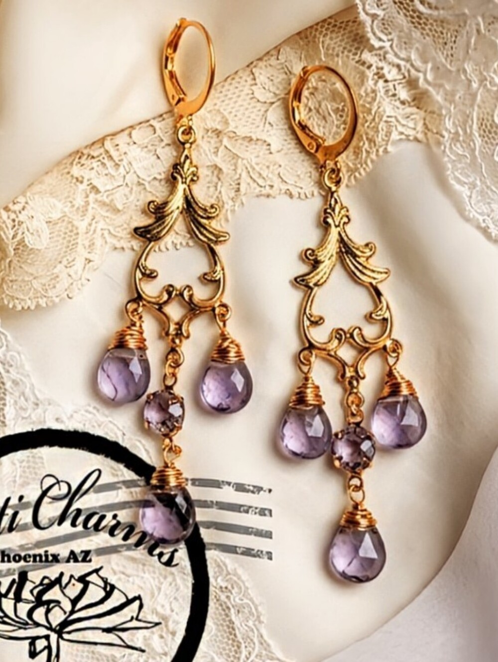 Victorian 1.8 Total Carats Genuine Amethyst Chandelier Gold Plated Earring​​s